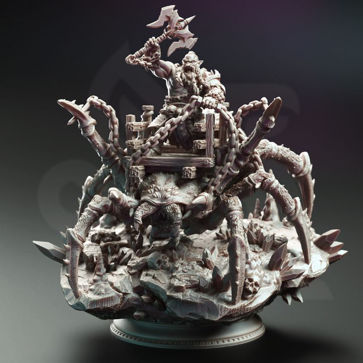 Large Cavern Dwarf Beastmaster Monster Villain 32m Scale - Mounted Giant Spider by DM Stash