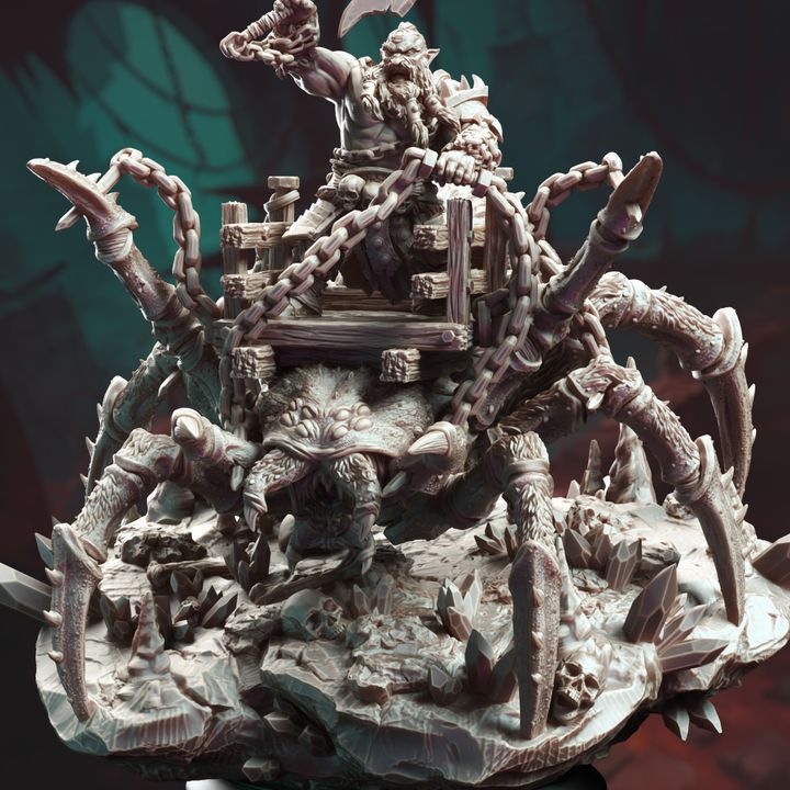 Large Cavern Dwarf Beastmaster Monster Villain 32m Scale - Mounted Giant Spider by DM Stash