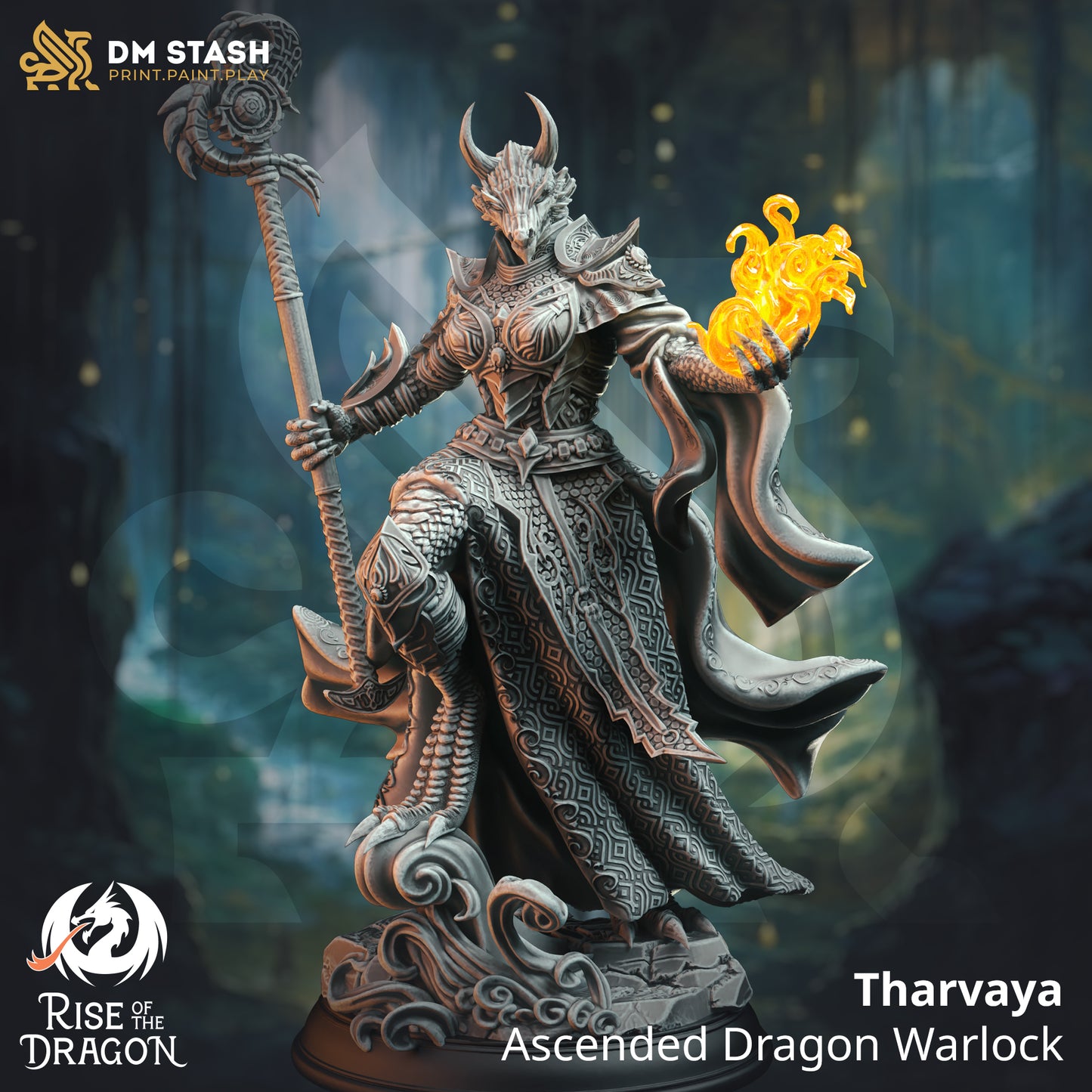 Dragonborn Female Mage Sorcerer Staff Spellcaster 32mm Scale - Ascended Dragon Warlock by DM Stash