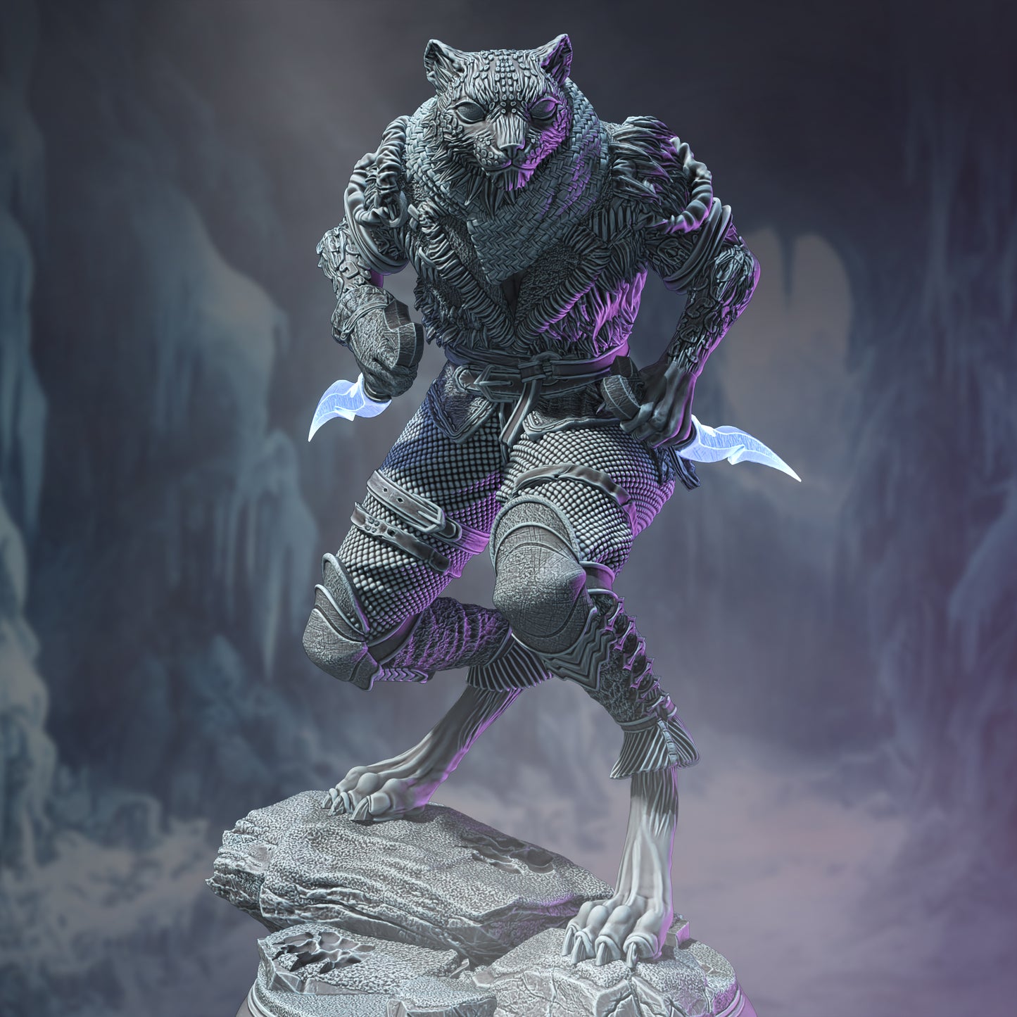 Dual Dagger Cat Folk Assassin 32mm Scale - Tabaxi Snow Leopard Rogue by DM Stash
