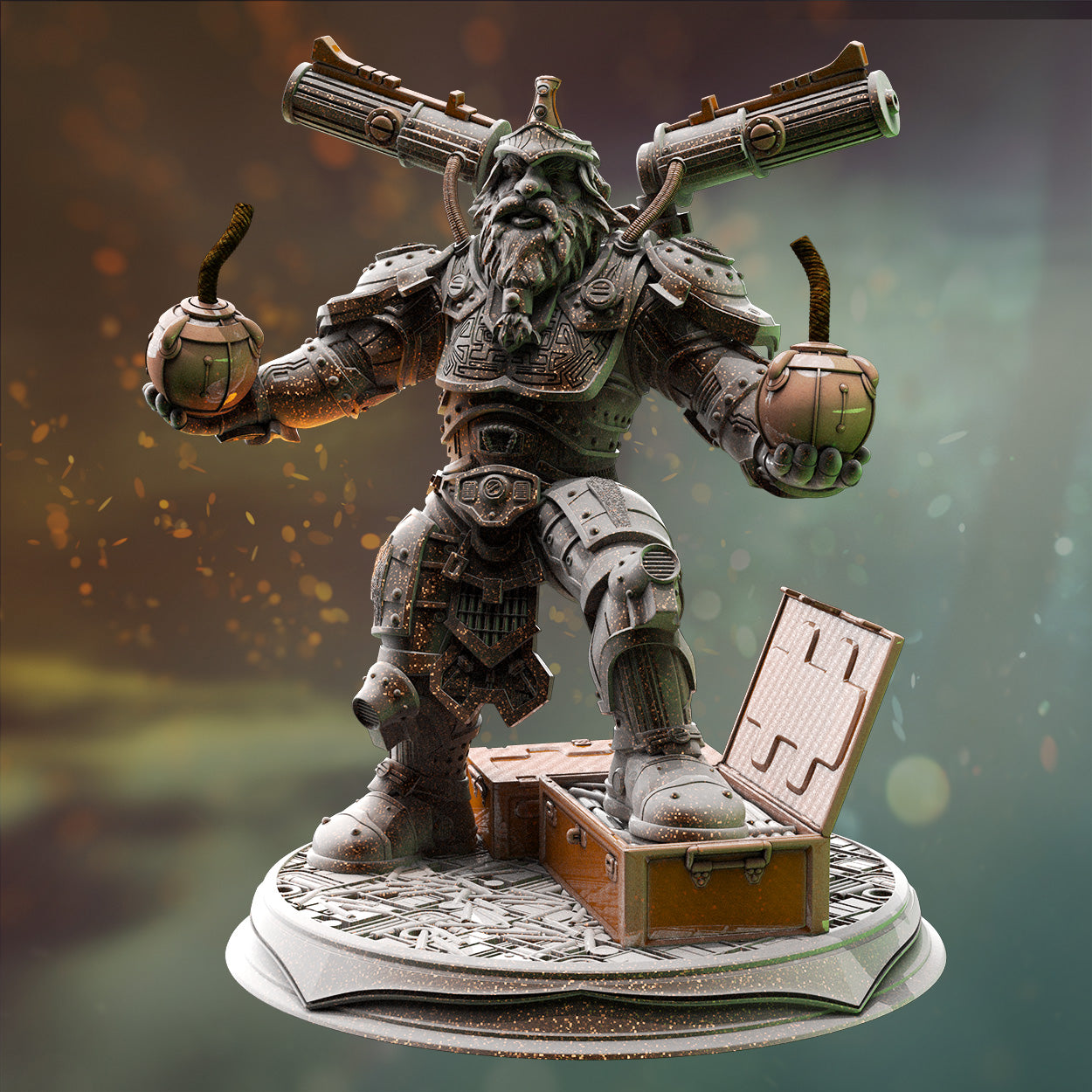 Dwarf Engineer Bomber Fantasy Gatling Gun Miniature 32mm - Dwarven Grenadier by DM Stash