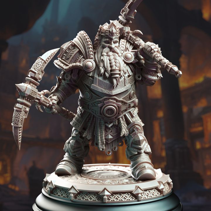 Dwarf King Pickaxe Dual-Wield Warrior 32mm Scale - Dwarven General by DM Stash