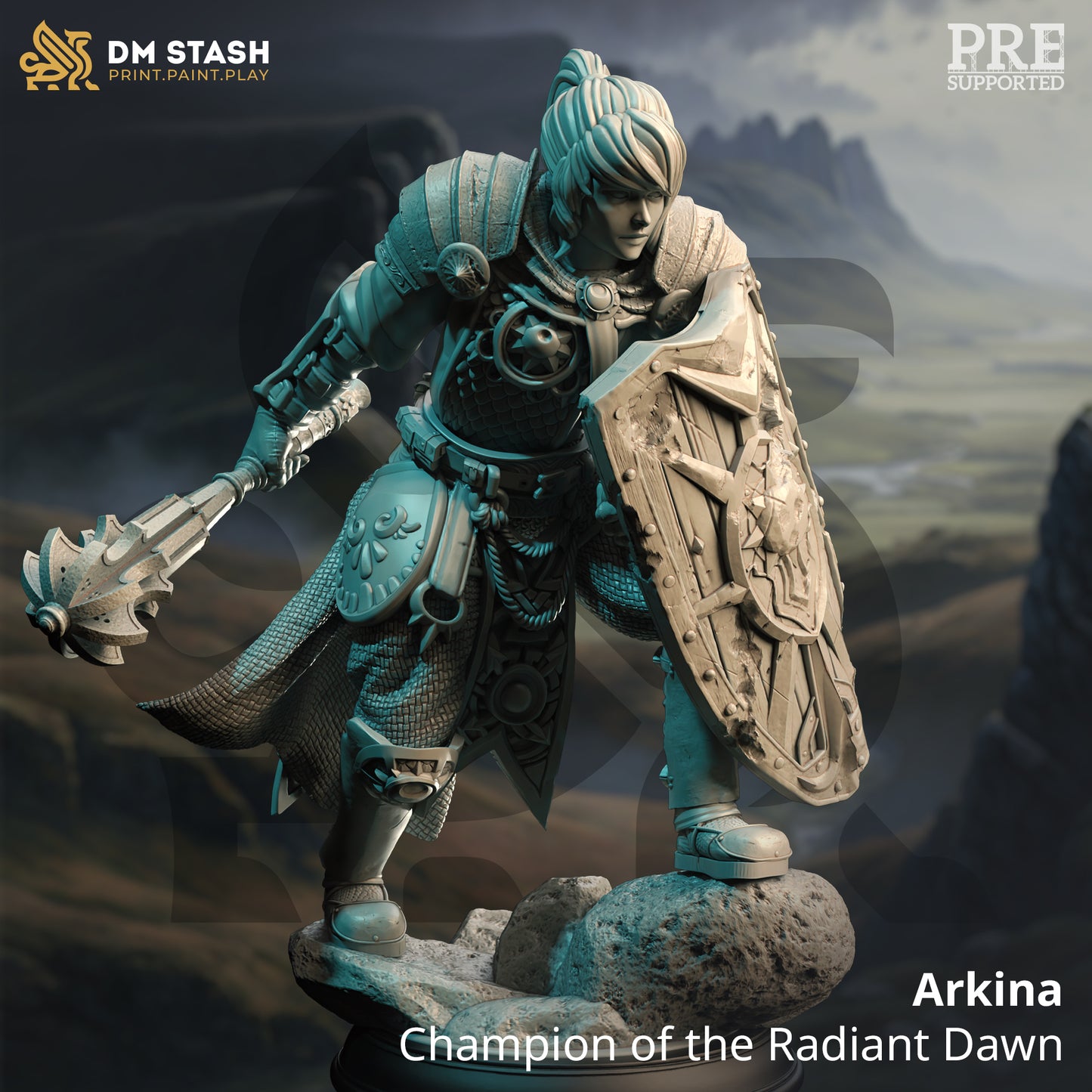 Paladin Warrior Male Female Club Shield 32mm Scale - Twin Sun Clerics by DM Stash