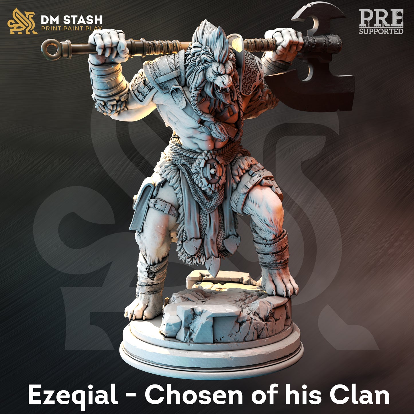 Lion Beastrace Barbarian Great Axe Warrior Miniature 32mm Scale - Lionfolk Barbarian by DM Stash