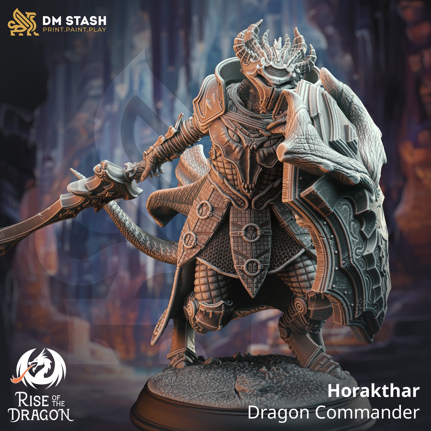 Draconic Warrior Soldier 3 Poses Sword Shield 32mm Scale - Dragonborn Commander by DM Stash
