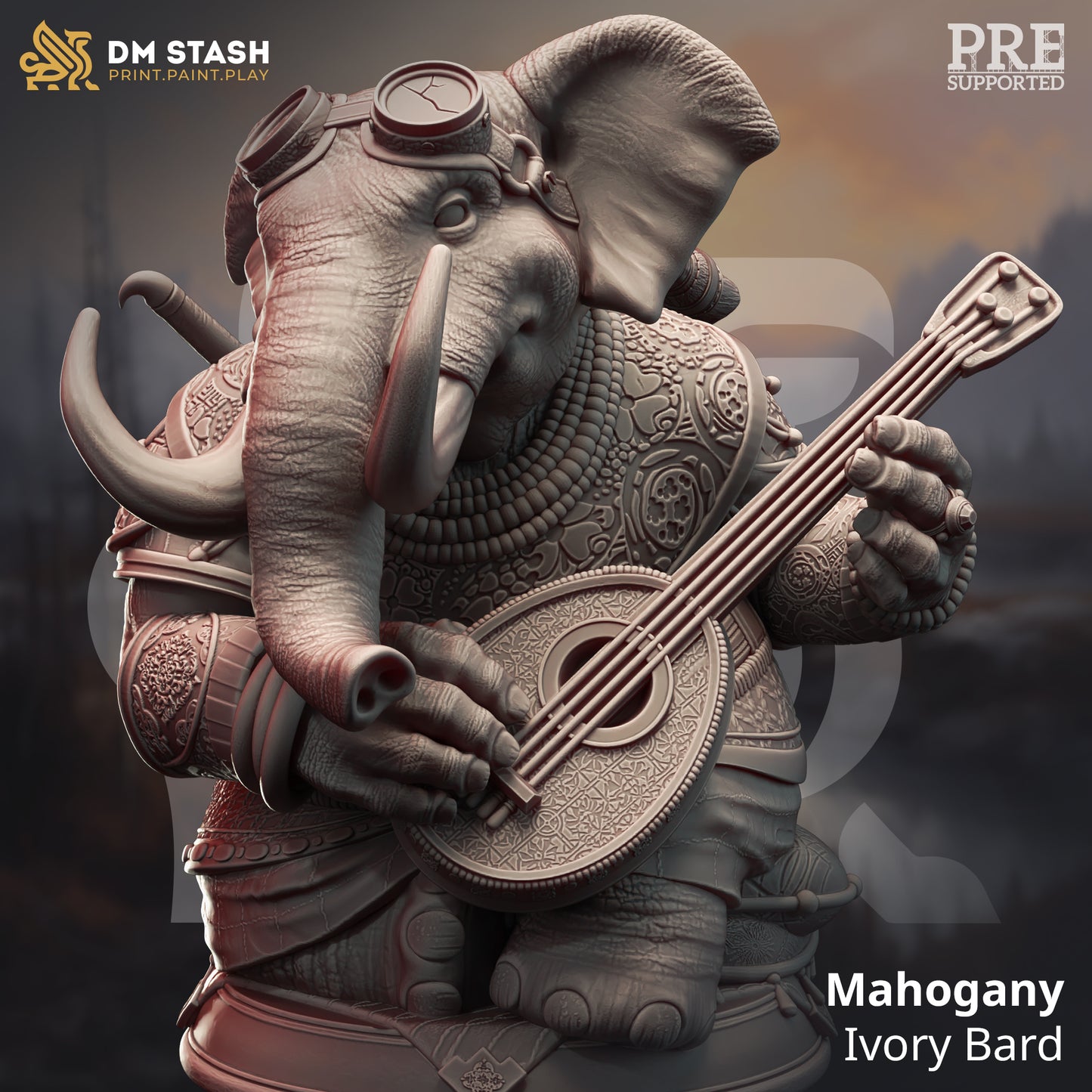 Elephant Beastrace Lute Bard Miniature 32mm Scale - Loxodon Bard by DM Stash