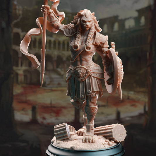 Lion Tabaxi Female Barbarian Warrior Miniature 32mm Scale - Lioness Gladiator by DM Stash