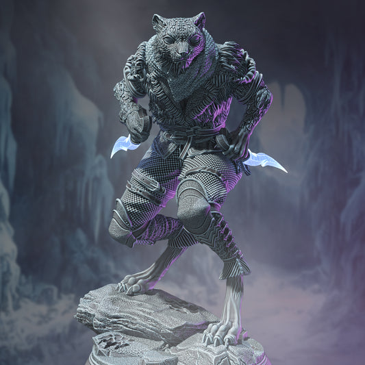 Dual Dagger Cat Folk Assassin 32mm Scale - Tabaxi Snow Leopard Rogue by DM Stash