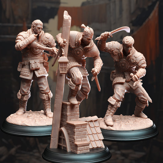 Rogue Trio Fighters Crossbow Sword Enemies 32mm Scale - Bandit Thugs by DM Stash