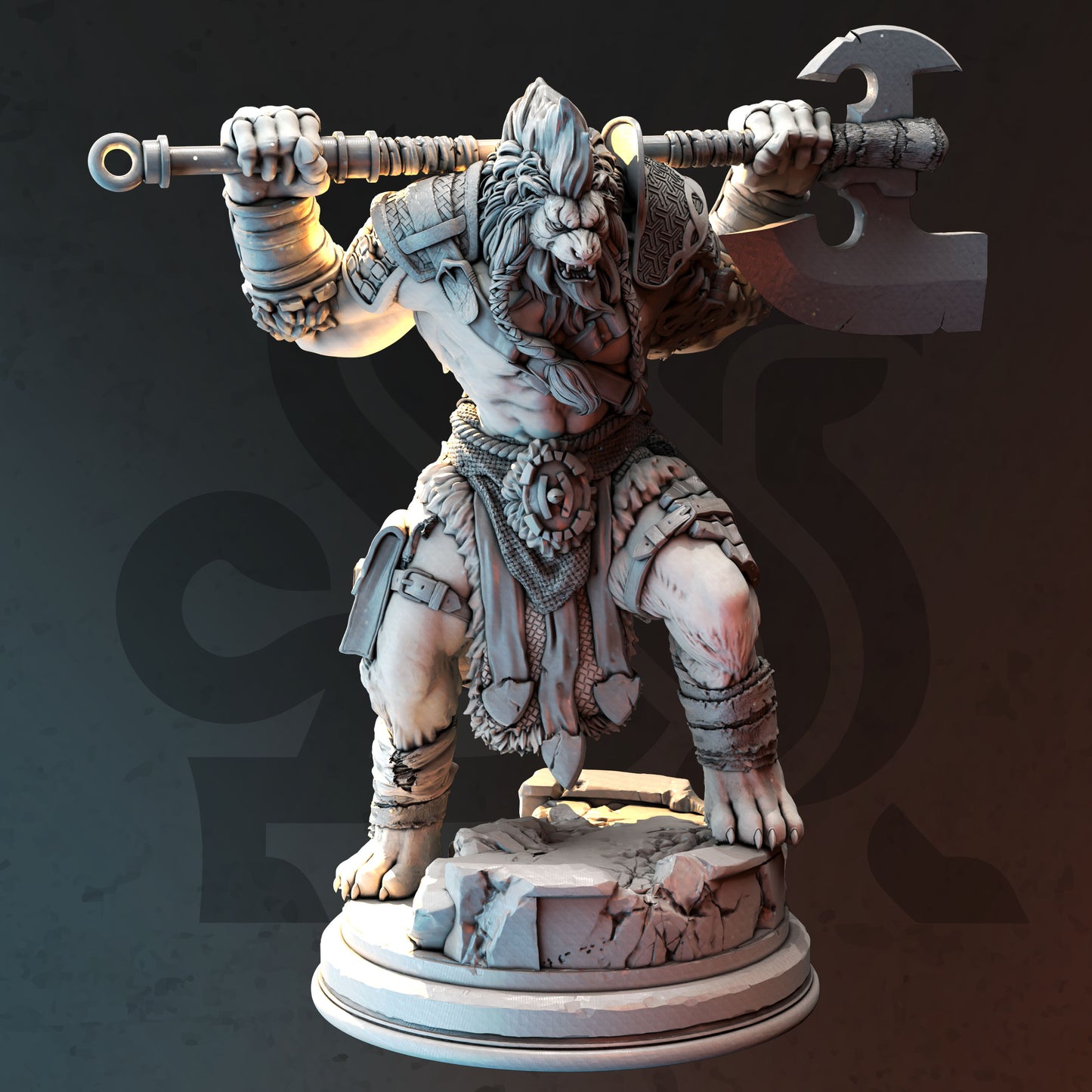 Lion Beastrace Barbarian Great Axe Warrior Miniature 32mm Scale - Lionfolk Barbarian by DM Stash