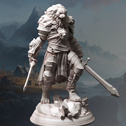 Lion Beastrace Sword Warrior Barbarian Miniature 32mm Scale - Lionfolk Bloodhunter by DM Stash
